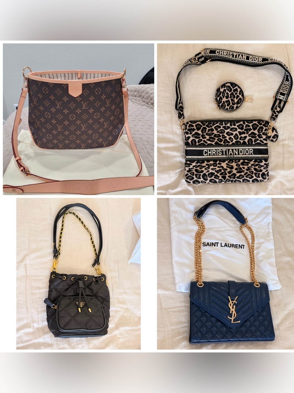 4 purses crossbody bags brown, leopard, blue, and black